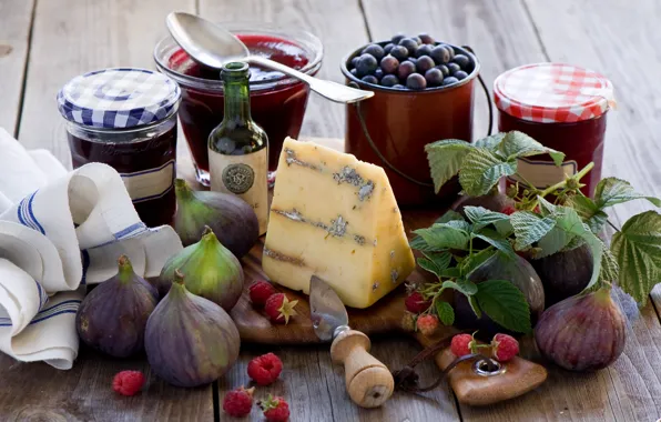 Berries, raspberry, cheese, still life, jam, figs