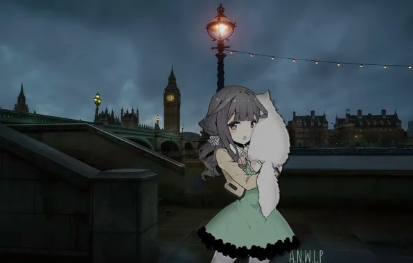 Sadness, cat, girl, night, bridge, London, post, anime