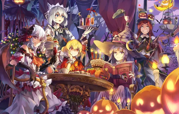 Picture look, smile, girls, holiday, surprise, pumpkin, demons, touhou