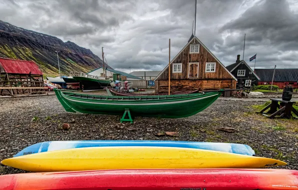 Picture the sky, mountains, clouds, house, boat, hdr