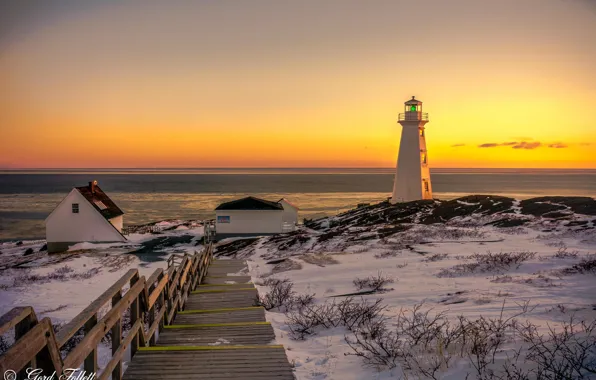 Winter, the ocean, dawn, shore, lighthouse