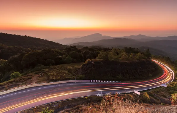 Picture road, forest, the sky, sunset, mountains