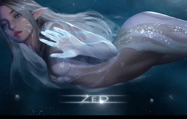 Elf, blue eyes, under water, transparent fabric, blue glow, hand gesture, elf beauty, by ZED