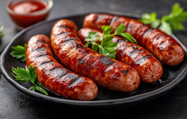 Sausage, food, plate, meat, sauce, parsley, sausages, grill