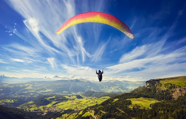 Picture the sky, clouds, mountains, field, height, parachute, panorama, forest
