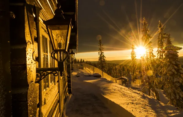 Picture winter, rays, snow, trees, sunset, house, Norway, lights