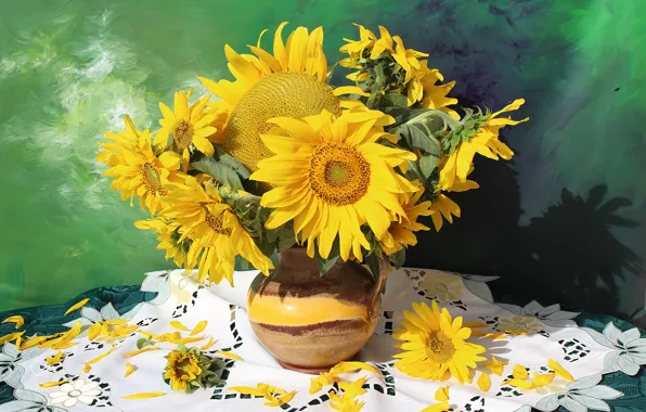 Sunflowers, table, bouquet, pitcher, strokes, tablecloth