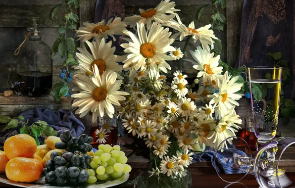 Picture summer, the evening, Chamomile, fruit, still life