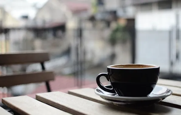 Table, coffee, Cup, balcony, saucer, bokeh, the city.