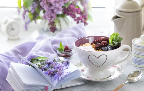 Berries, table, bouquet, Breakfast, Notepad, muesli, Karina Klachuk