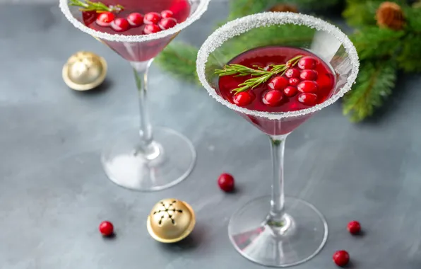 Balls, red, berries, glass, glasses, alcohol, cocktail, New year