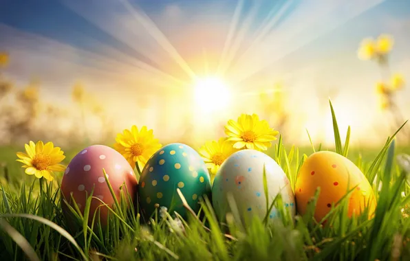 Flowers, eggs, spring, colorful, Easter, happy, flowers, spring