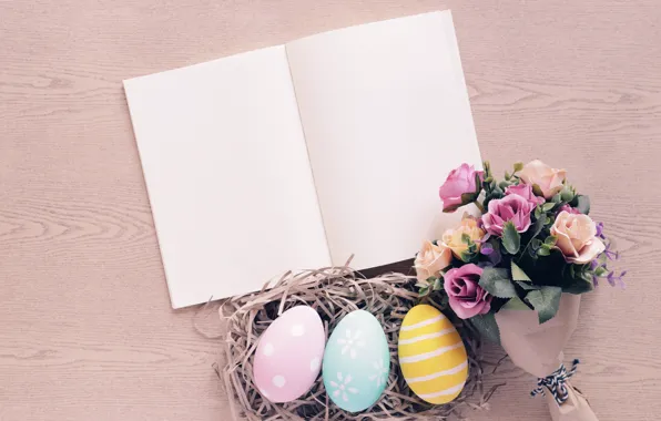 Flowers, roses, eggs, spring, colorful, Easter, hay, wood