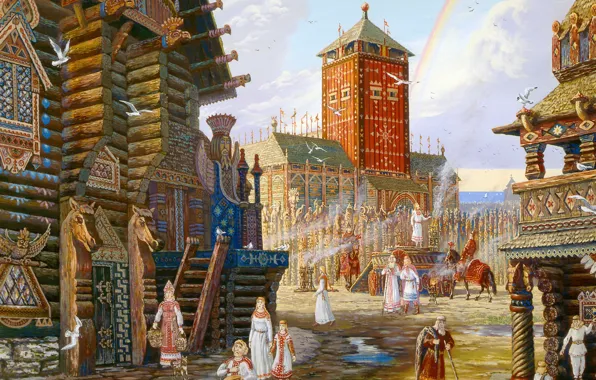 The city, home, rainbow, painting, art, beautiful, Vsevolod Ivanov, Russian folklore