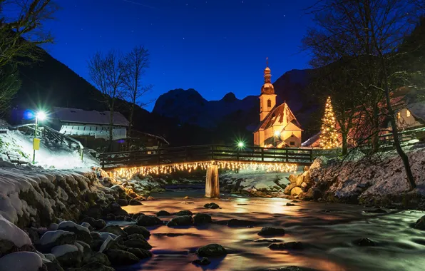 Winter, the sky, snow, landscape, night, bridge, the city, river