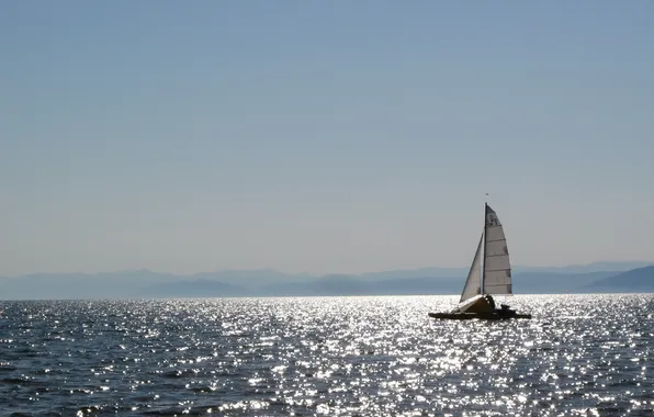 Lake, Baikal, sun glare, catamaran