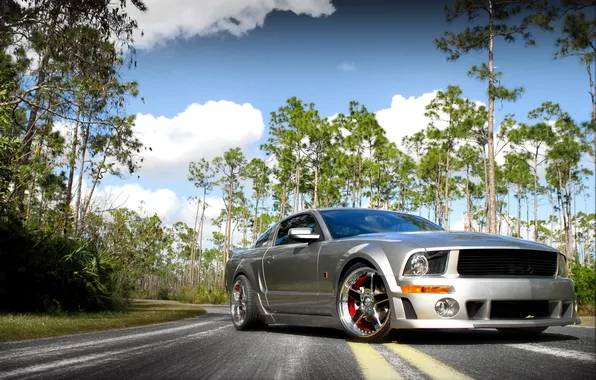 Road, the sky, clouds, trees, grey, Mustang, Ford, Mustang