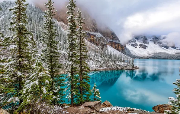 Winter, forest, snow, trees, mountains, lake, stones, rocks