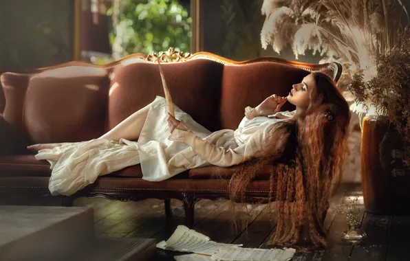 Picture girl, pose, notes, room, sofa, model, hair, red