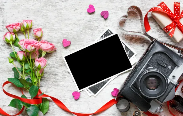 Flowers, photo, roses, bouquet, camera, frame, gifts, hearts