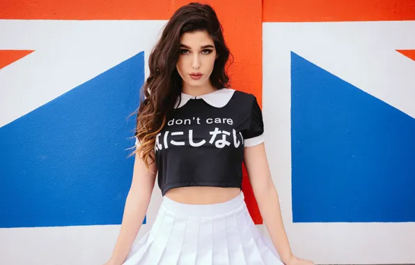 Look, sexy, model, flag, characters, beautiful girl, white skirt, black top