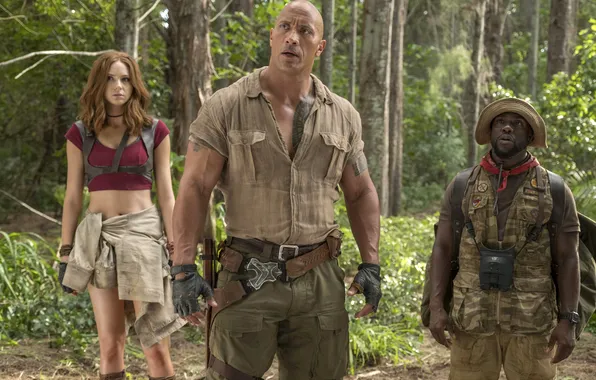 Trees, frame, fantasy, adventure, three, Dwayne Johnson, Dwayne Johnson, Jack Black