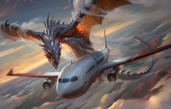 The sky, Clouds, Dragon, The plane, Liner, Flight, Wings, Monster