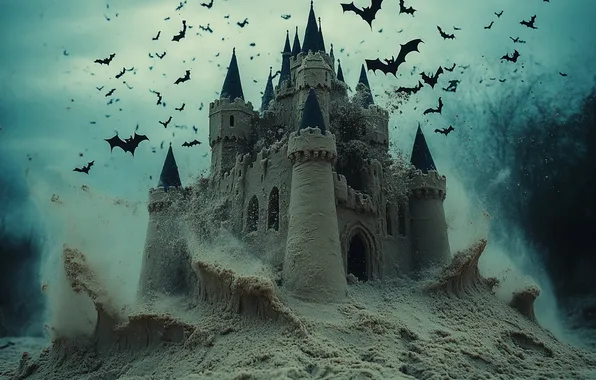 Sand, the sky, castle, fantasy, destruction, tower, bats, gloomy sky