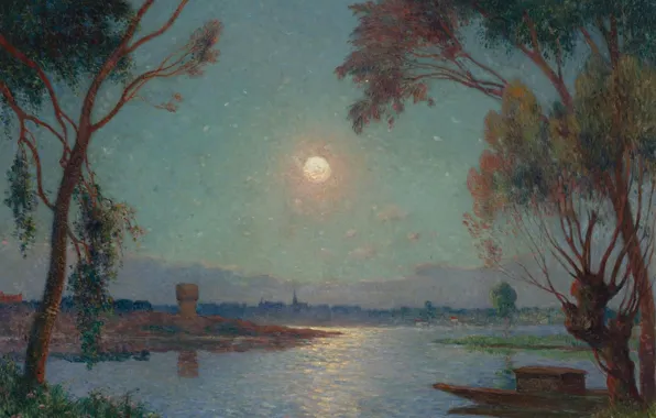 Picture landscape, night, boat, picture, Ferdinand du Puigaudeau, Ferdinand du Plegado, Bank of Loire under Clear …