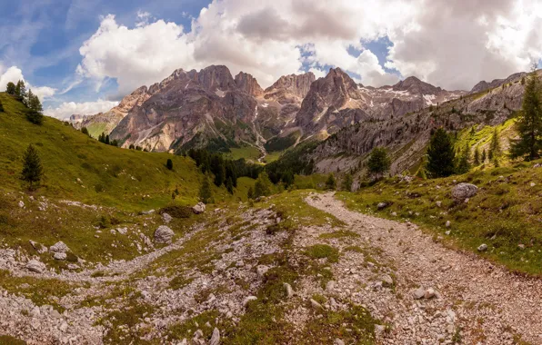 Road, greens, forest, clouds, mountains, stones, rocks, hills