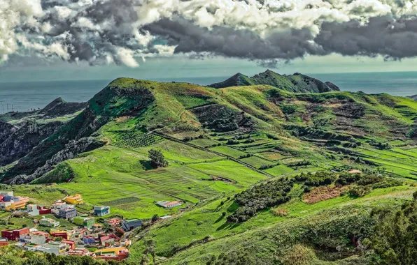 Sea, greens, the sun, clouds, mountains, coast, field, home