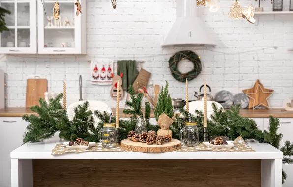 Branches, table, wall, candles, Christmas, kitchen, plates, New year