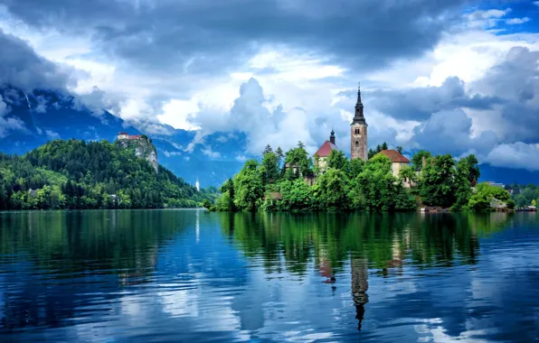 Picture the sky, clouds, reflection, trees, mountains, building, Lake