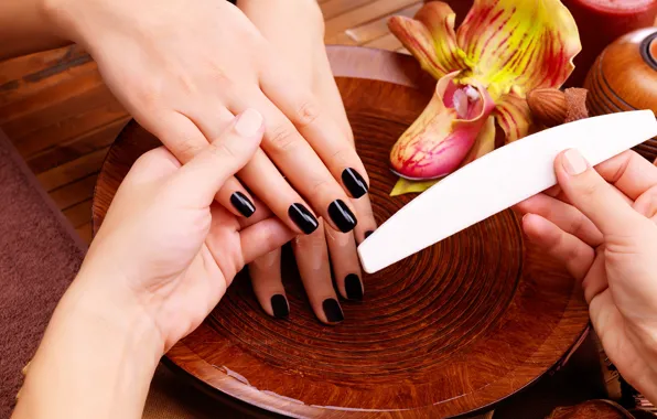 Hands, orchids, nails, nail file, manicure