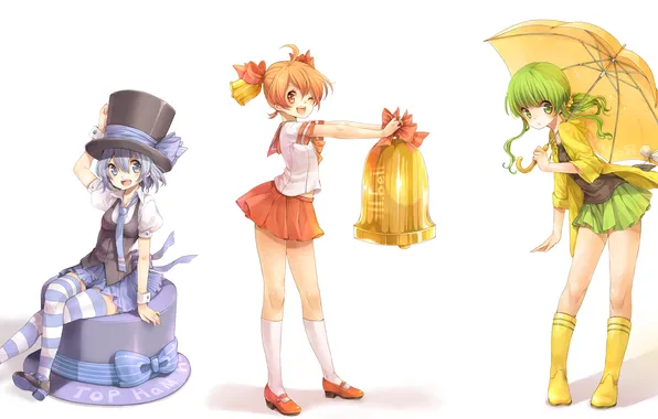Smile, girls, hat, umbrella, anime, art, bell, rojiko
