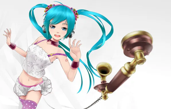 Girl, background, tube, headphones, art, phone, vocaloid, hatsune miku