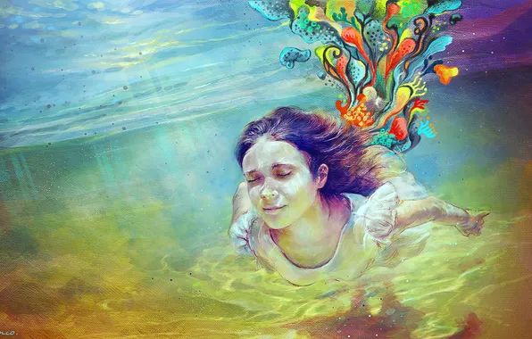 Picture color, water, girl, paint, figure, depth, brightness, swimming