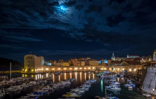 The sky, clouds, night, lights, home, Bay, The moon, Croatia