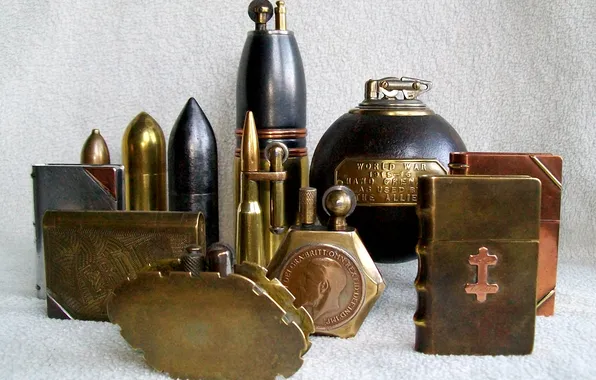 Background, books, shell, tank lighters, hand grenade