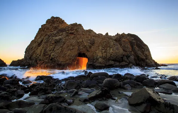 Rock, the ocean, CA, arch, California, USА, Big Sur, Big Sur