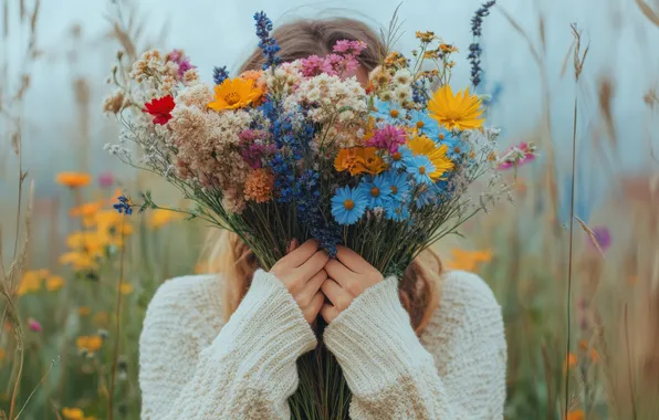 Picture field, summer, girl, flowers, orange, nature, blue, bouquet