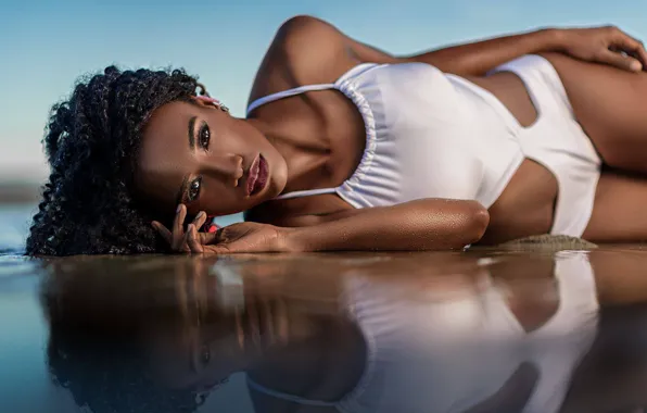 Swimsuit, look, water, girl, pose, reflection, curls, Afro
