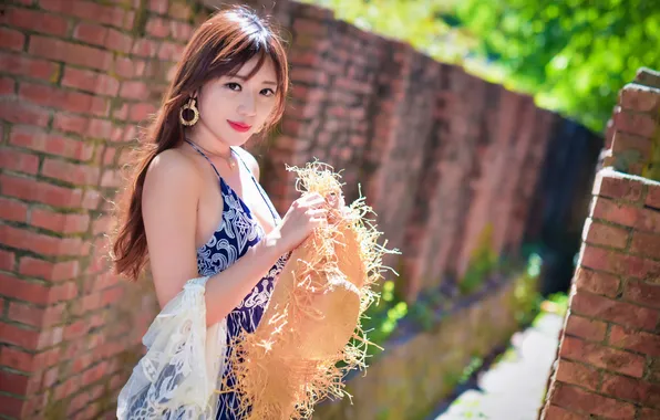 Look, the sun, pose, wall, model, portrait, brick, hat