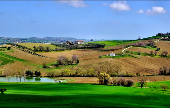 The sky, grass, trees, house, pond, hills, field
