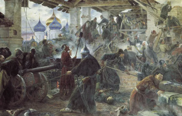 Oil, Church, gun, canvas, Sergey MILORADOVICH, The defense of the Trinity-Sergius Lavra, 1894