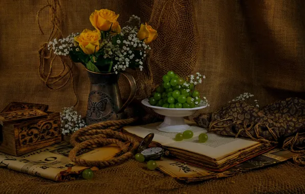 Flowers, network, roses, bouquet, rope, grapes, rope, box