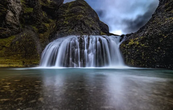 Mountains, clouds, lake, rocks, shore, waterfall, the bottom