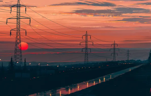 Road, the sun, landscape, sunset, Aenami, Any Minute Now, the power lines, Alena Aenam The