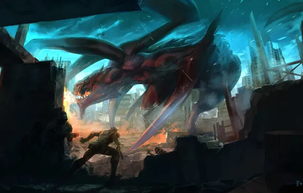 Picture night, the city, lights, weapons, people, monster, art, soldiers