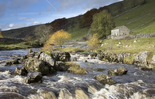 The sky, landscape, nature, stream, stones, beauty